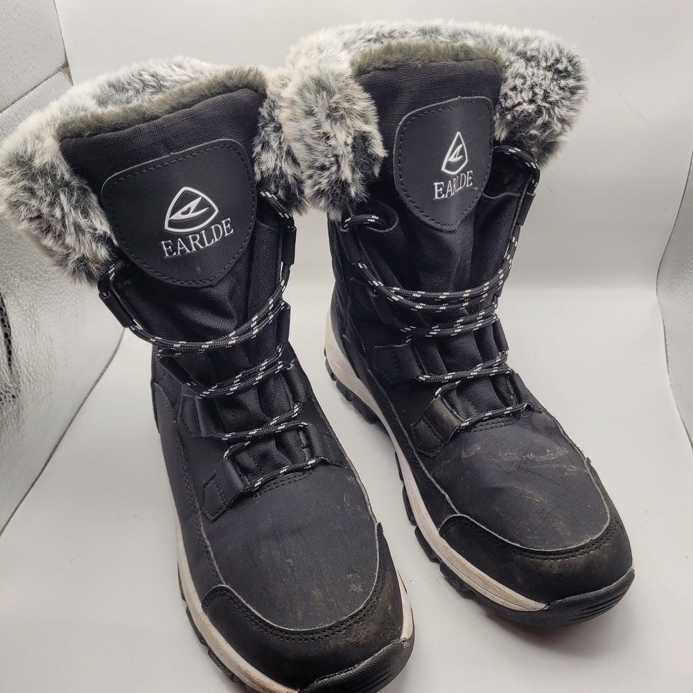 Earlde Mens Black Faux Fur Lined Winter Snow Boots Size 8 Lace Up Quilted Rugged